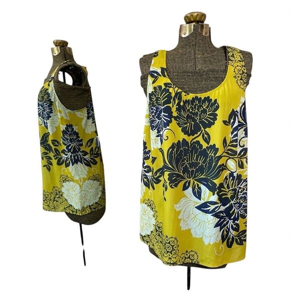 Cabi #286 Bali Yellow/Blue Floral Silk Blend Tank Top Medium Round Neck Blouse - Picture 5 of 11